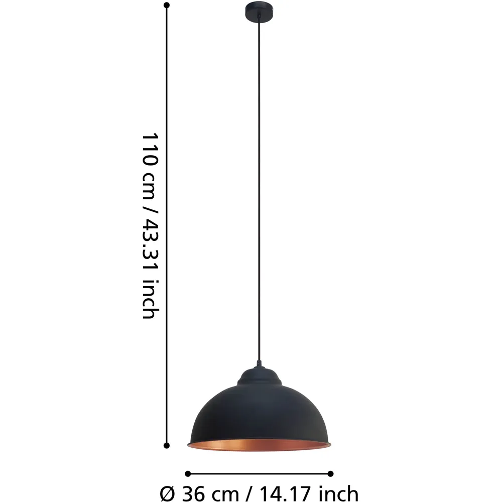 Truro2 Domed Pendant Light - Black, Steel