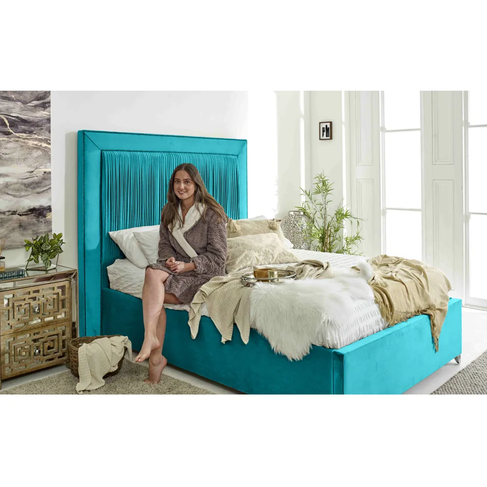 Alexandra Double Bed Frame with Pleated Headboard - Blue, Velvet