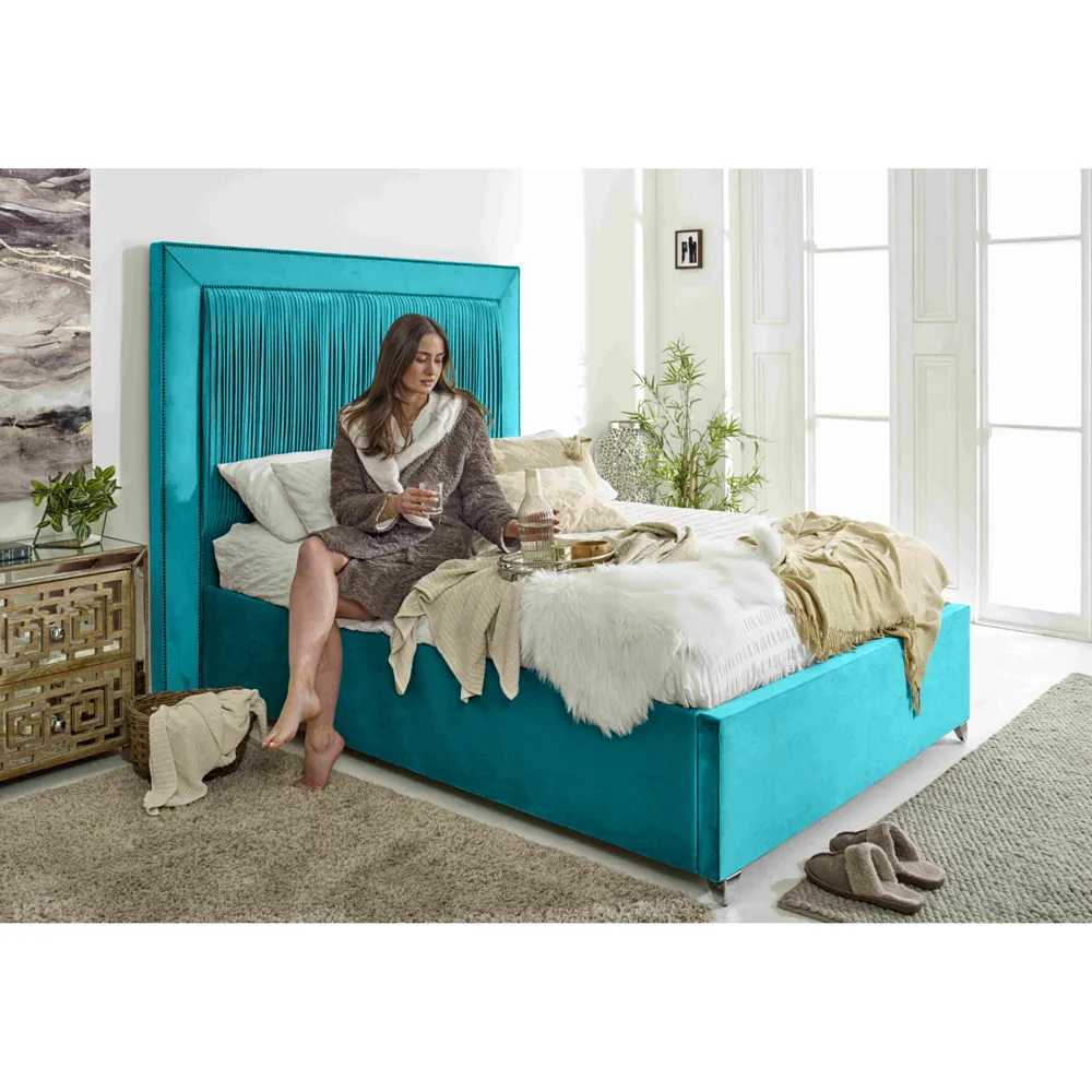 Alexandra Double Bed Frame with Pleated Headboard - Blue, Velvet