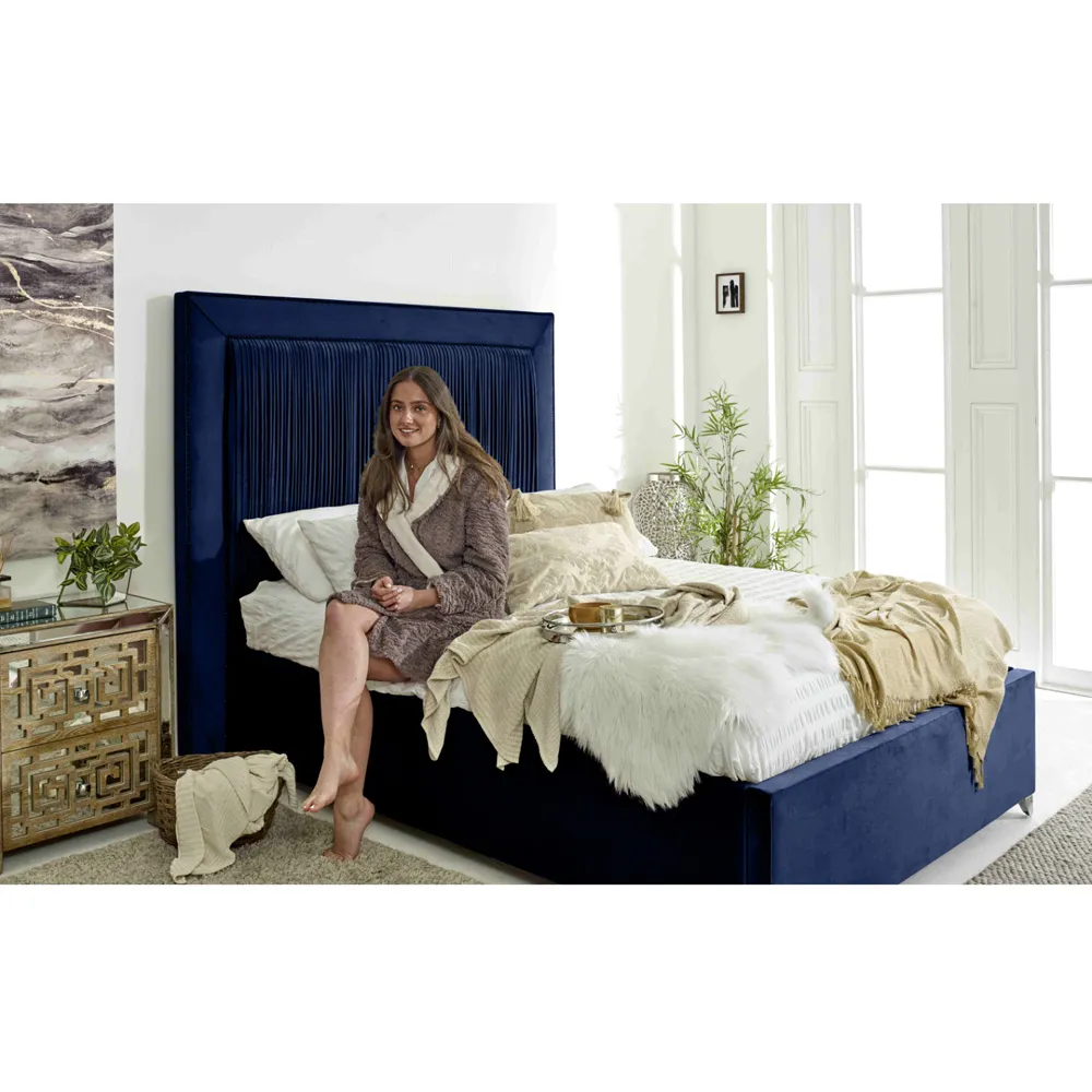 Alexandra Double Bed Frame with Pleated Headboard - Blue, Velvet