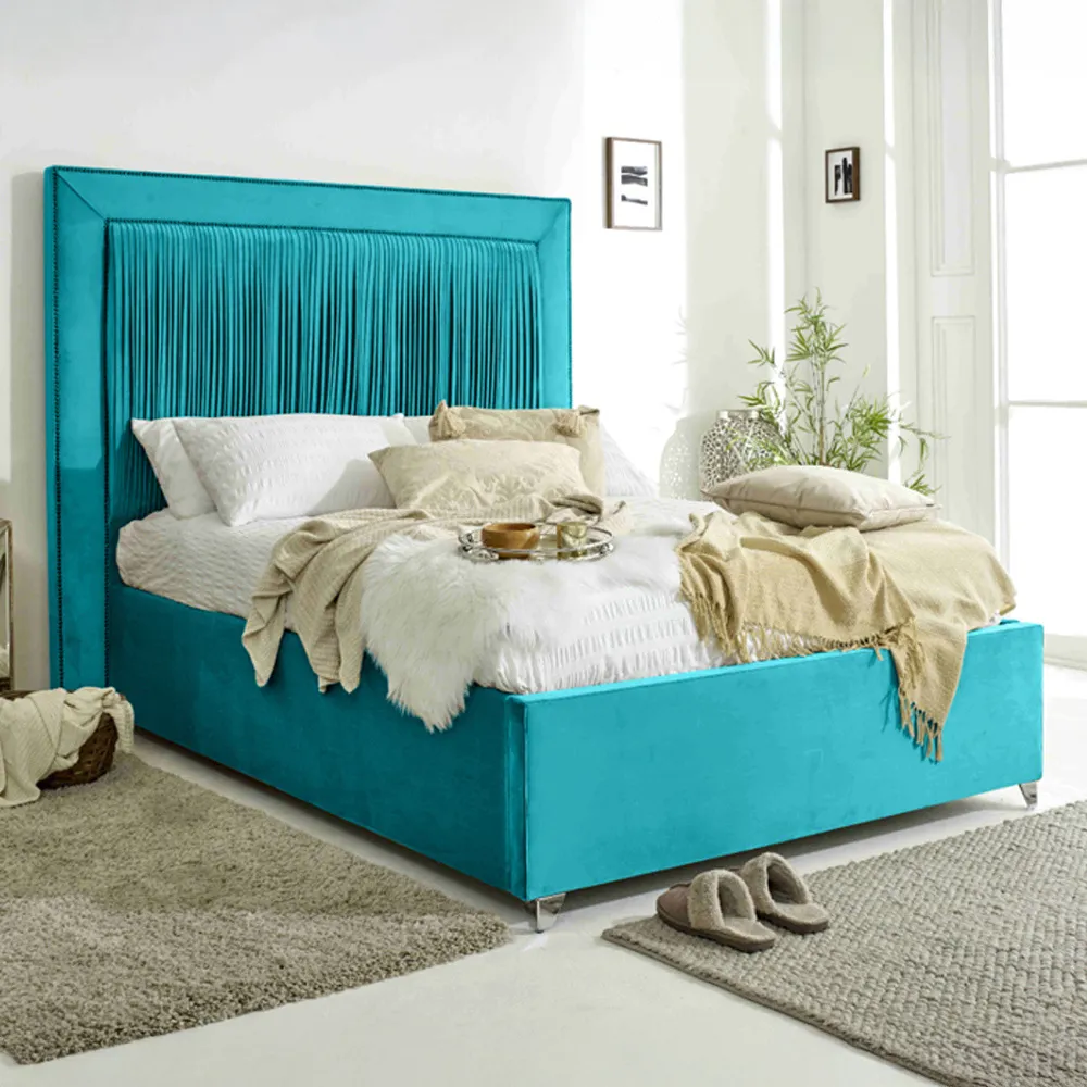 Alexandra Double Bed Frame with Pleated Headboard - Blue, Velvet