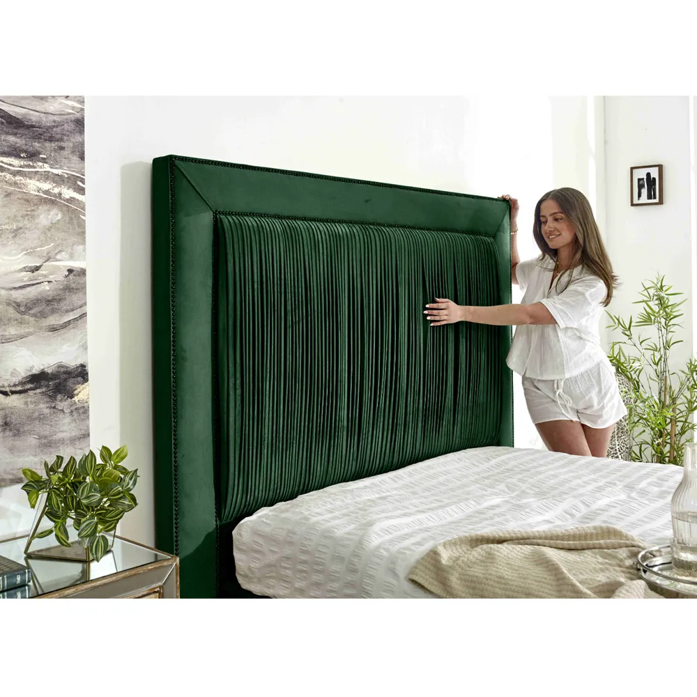 Alexandra Double Bed Frame with Pleated Headboard - Green, Velvet
