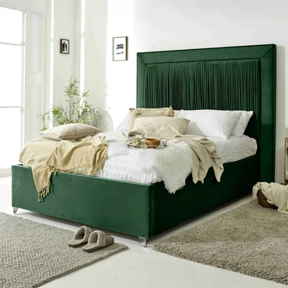 Alexandra Double Bed Frame with Pleated Headboard - Green, Velvet