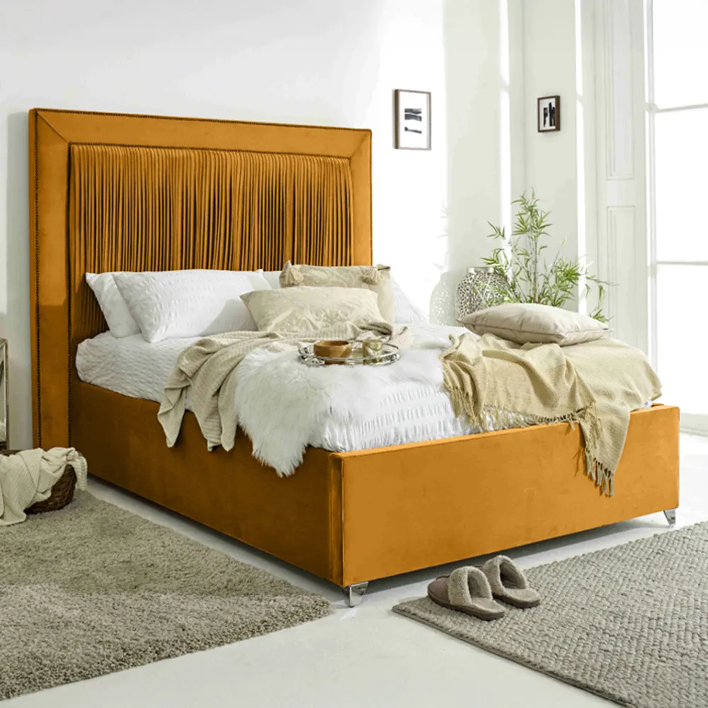 Alexandra Double Bed Frame with Pleated Headboard - Orange, Velvet
