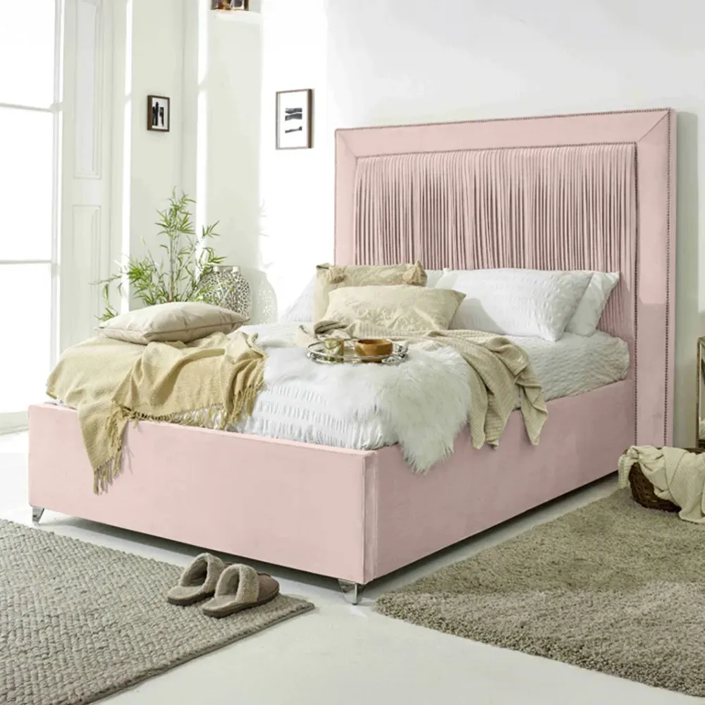 Alexandra Double Bed Frame with Pleated Headboard - Pink, Velvet
