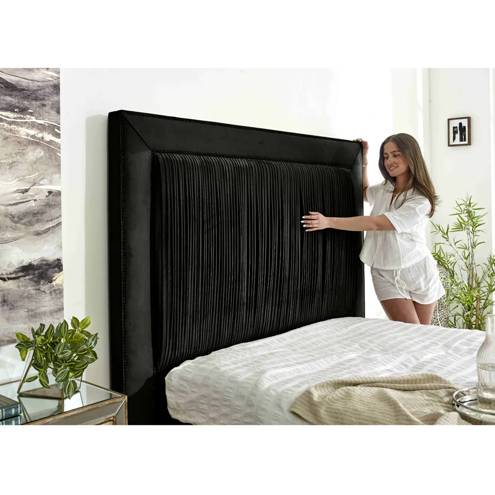 Alexandra King Size Bed Frame with Pleated Headboard - Black, Velvet
