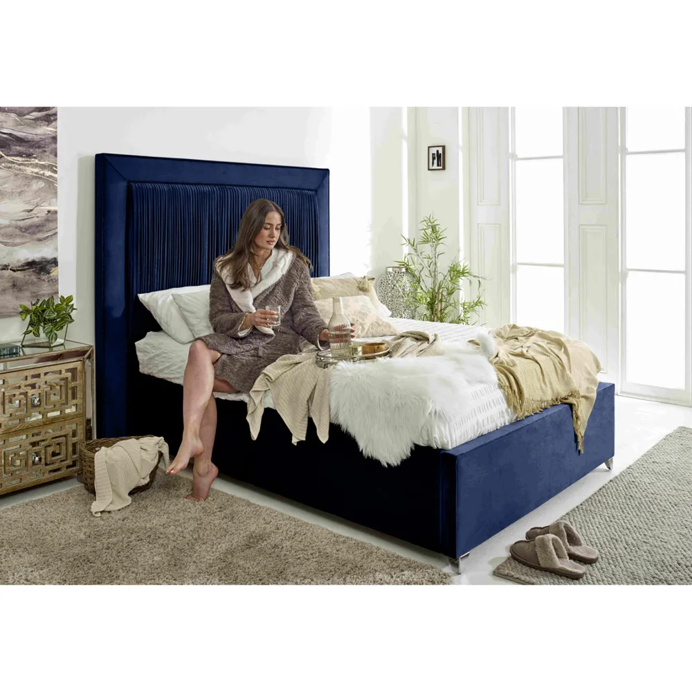 Alexandra King Size Bed Frame with Pleated Headboard - Blue, Velvet