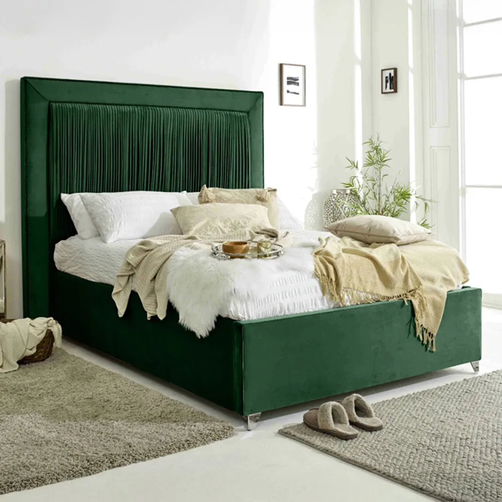Alexandra King Size Bed Frame with Pleated Headboard - Green, Velvet