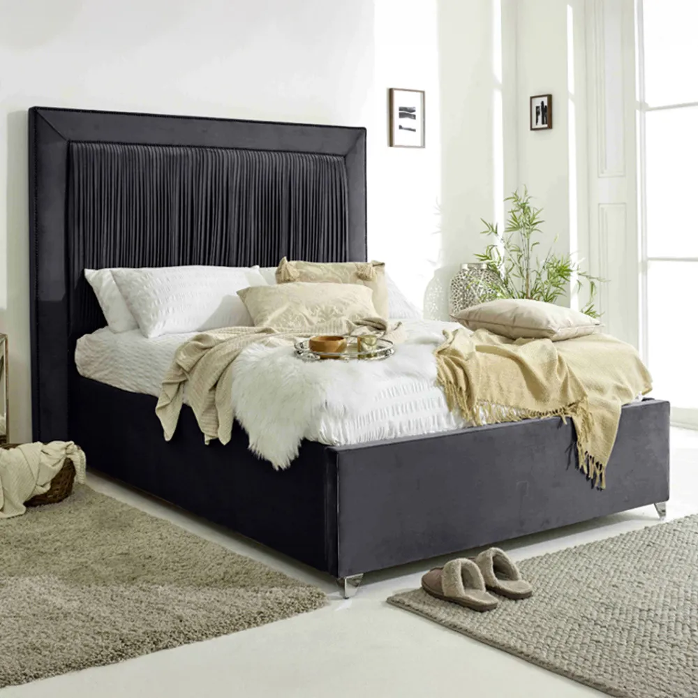 Alexandra King Size Bed Frame with Pleated Headboard - Grey, Velvet