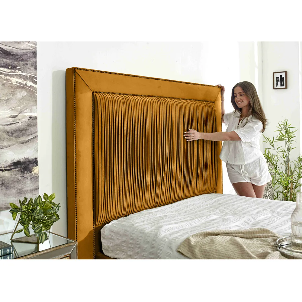 Alexandra King Size Bed Frame with Pleated Headboard - Orange, Velvet