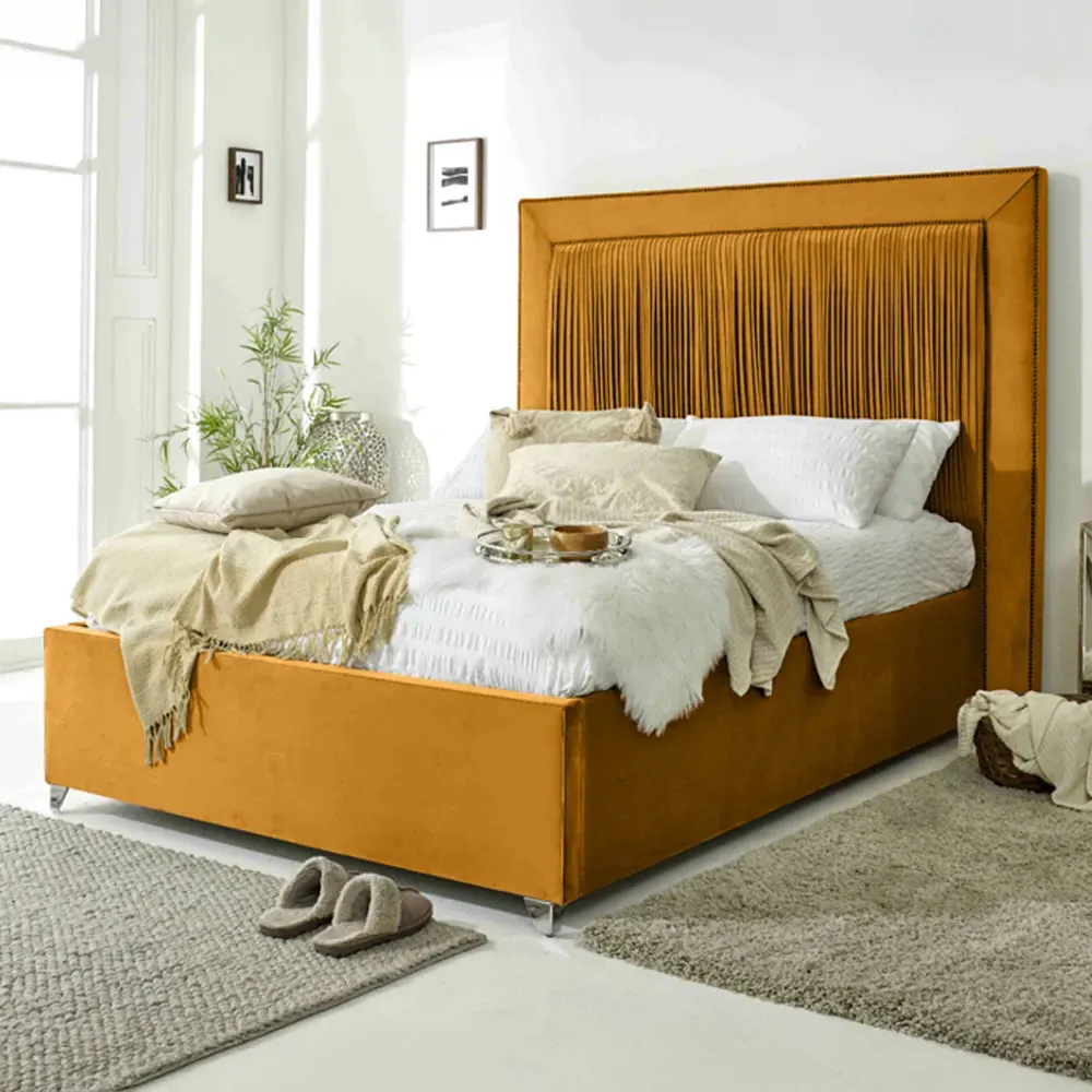 Alexandra King Size Bed Frame with Pleated Headboard - Orange, Velvet