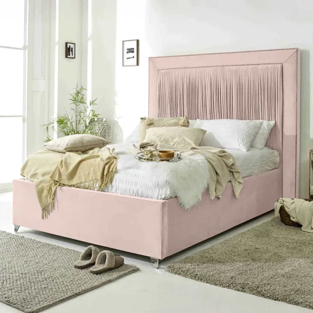 Alexandra King Size Bed Frame with Pleated Headboard - Pink, Velvet