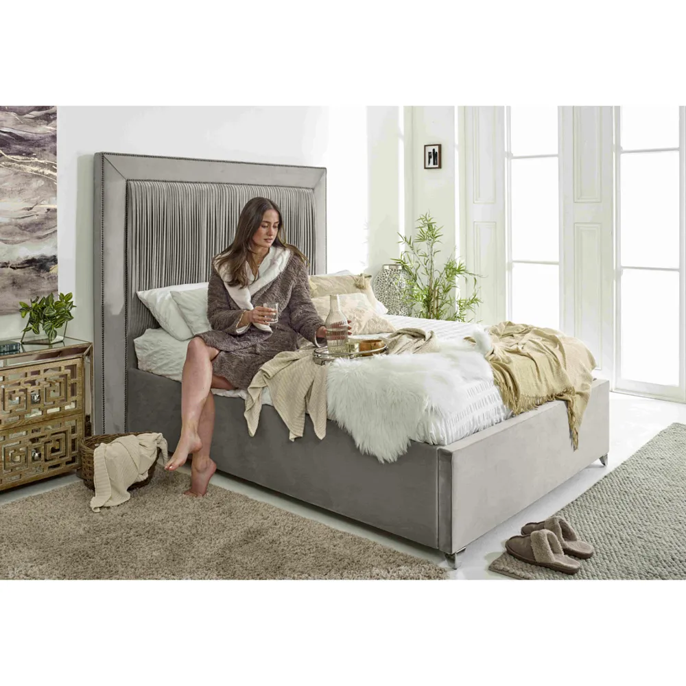 Alexandra King Size Bed Frame with Pleated Headboard - Silver, Velvet