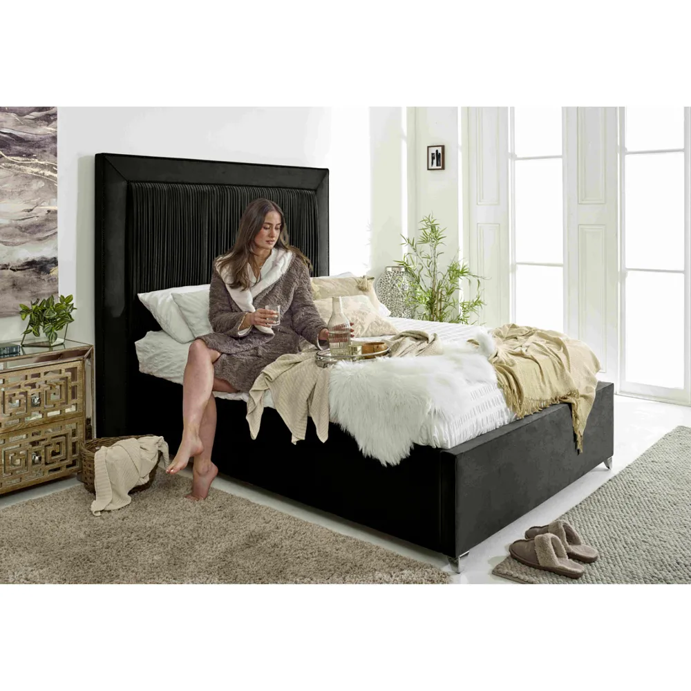 Alexandra Single Bed Frame with Pleated Headboard - Black, Velvet