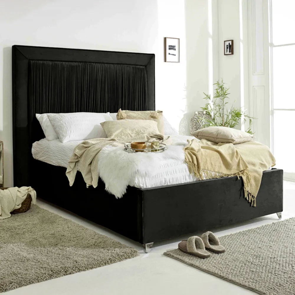 Alexandra Single Bed Frame with Pleated Headboard - Black, Velvet image