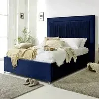 Alexandra Single Bed Frame with Pleated Headboard - Blue, Velvet