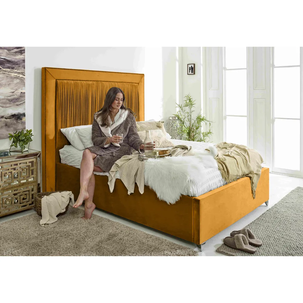 Alexandra Single Bed Frame with Pleated Headboard - Orange, Velvet