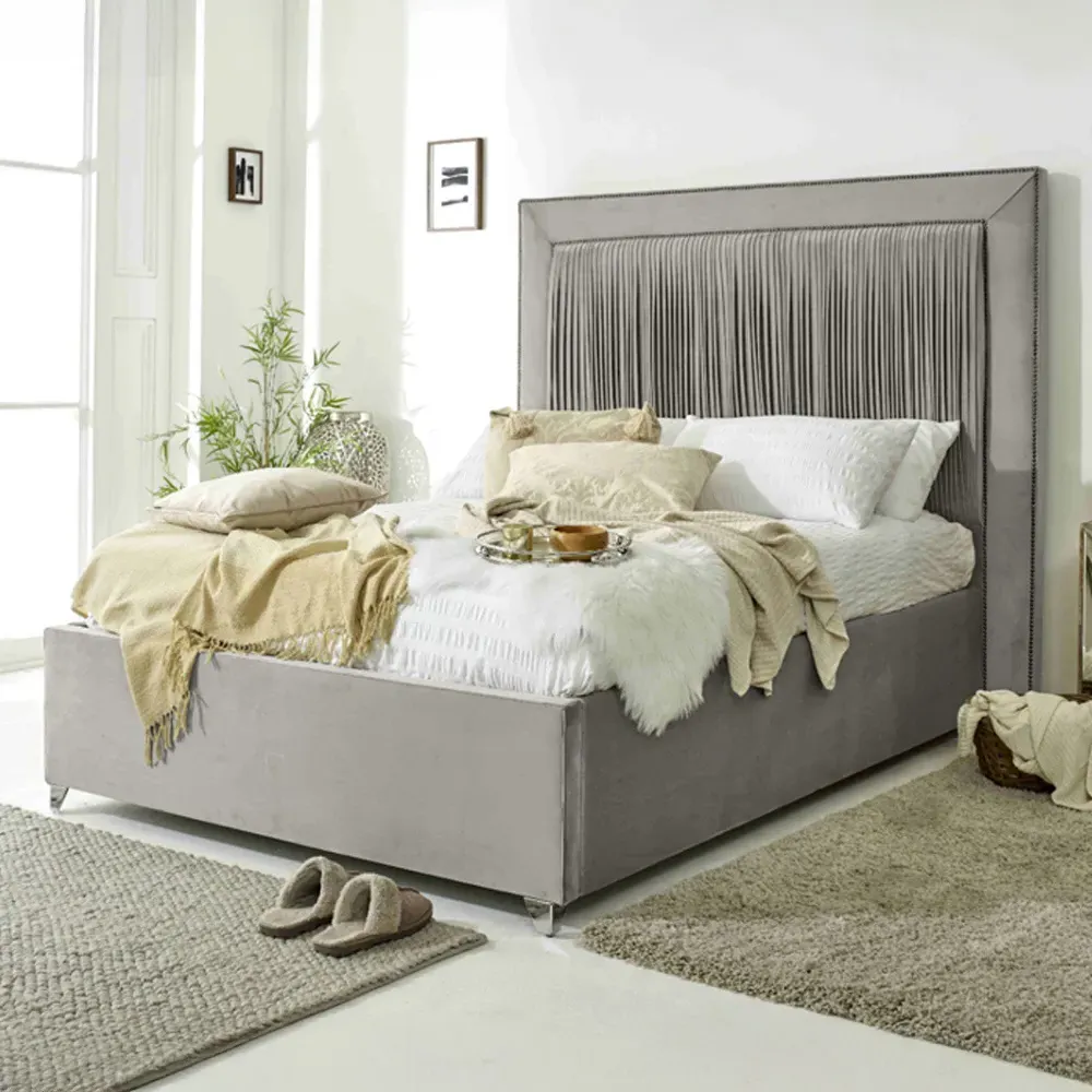 Alexandra Single Bed Frame with Pleated Headboard - Silver, Velvet