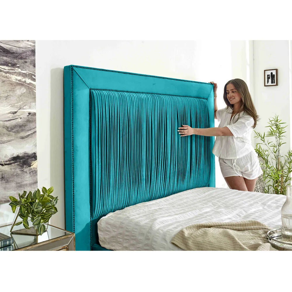 Alexandra Single Bed Frame with Pleated Headboard - Teal, Velvet