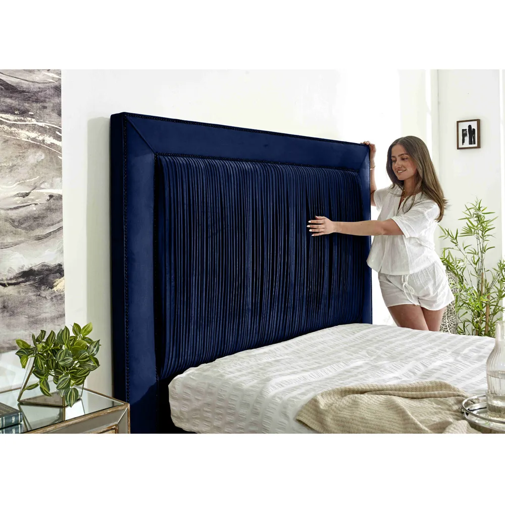 Alexandra Small Double Bed Frame with Pleated Headboard - Blue, Velvet