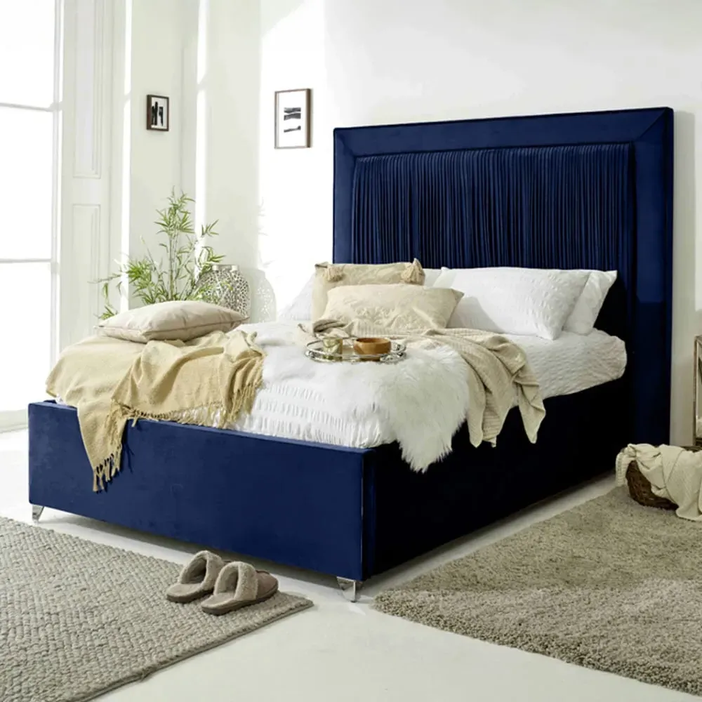 Alexandra Small Double Bed Frame with Pleated Headboard - Blue, Velvet