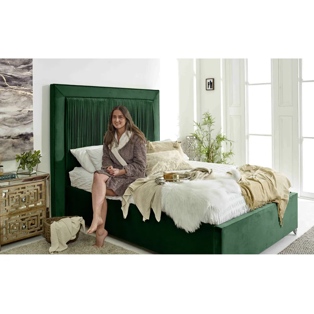 Alexandra Small Double Bed Frame with Pleated Headboard - Green, Velvet