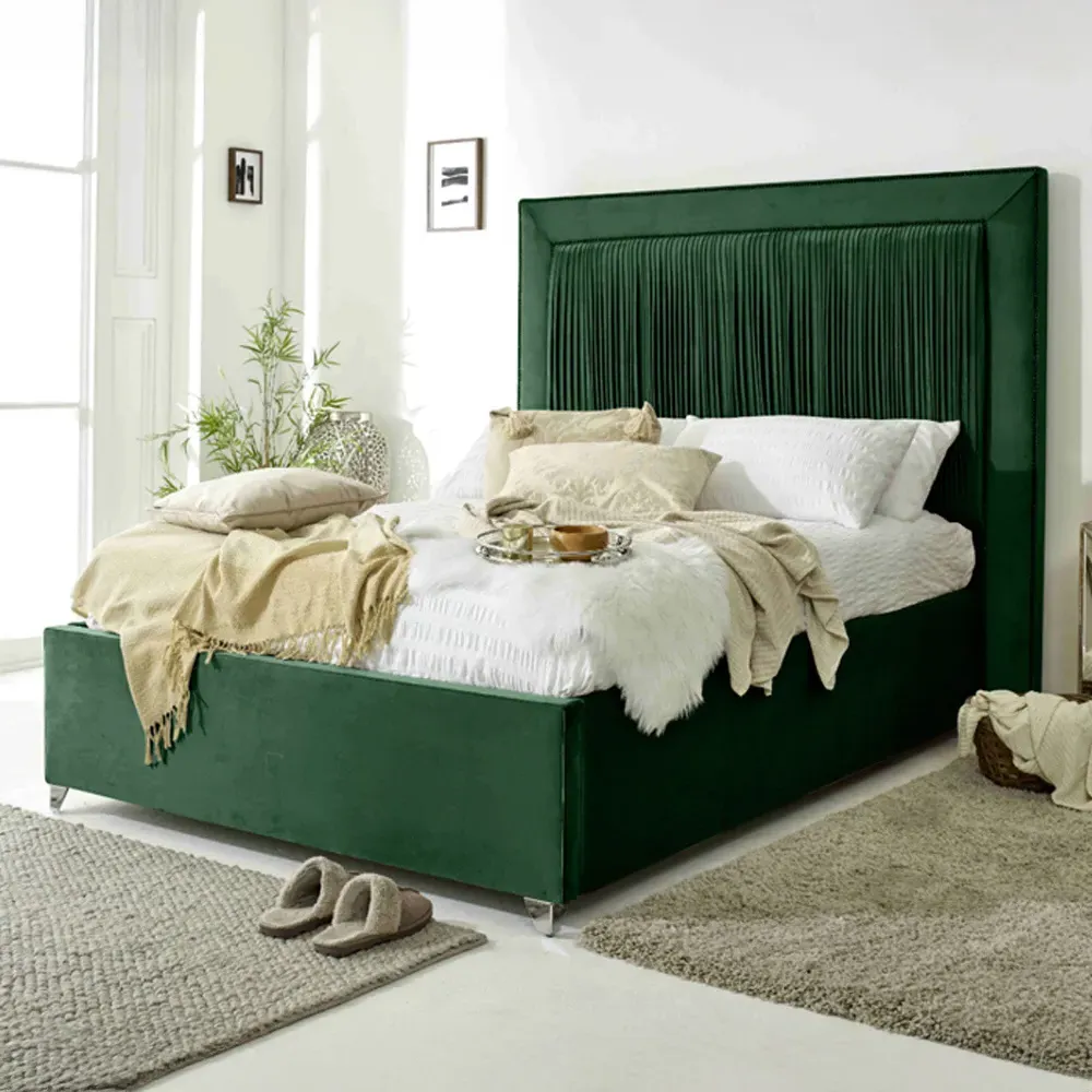Alexandra Small Double Bed Frame with Pleated Headboard - Green, Velvet