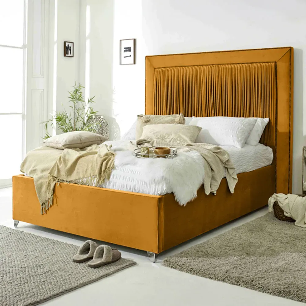 Alexandra Small Double Bed Frame with Pleated Headboard - Mustard, Velvet