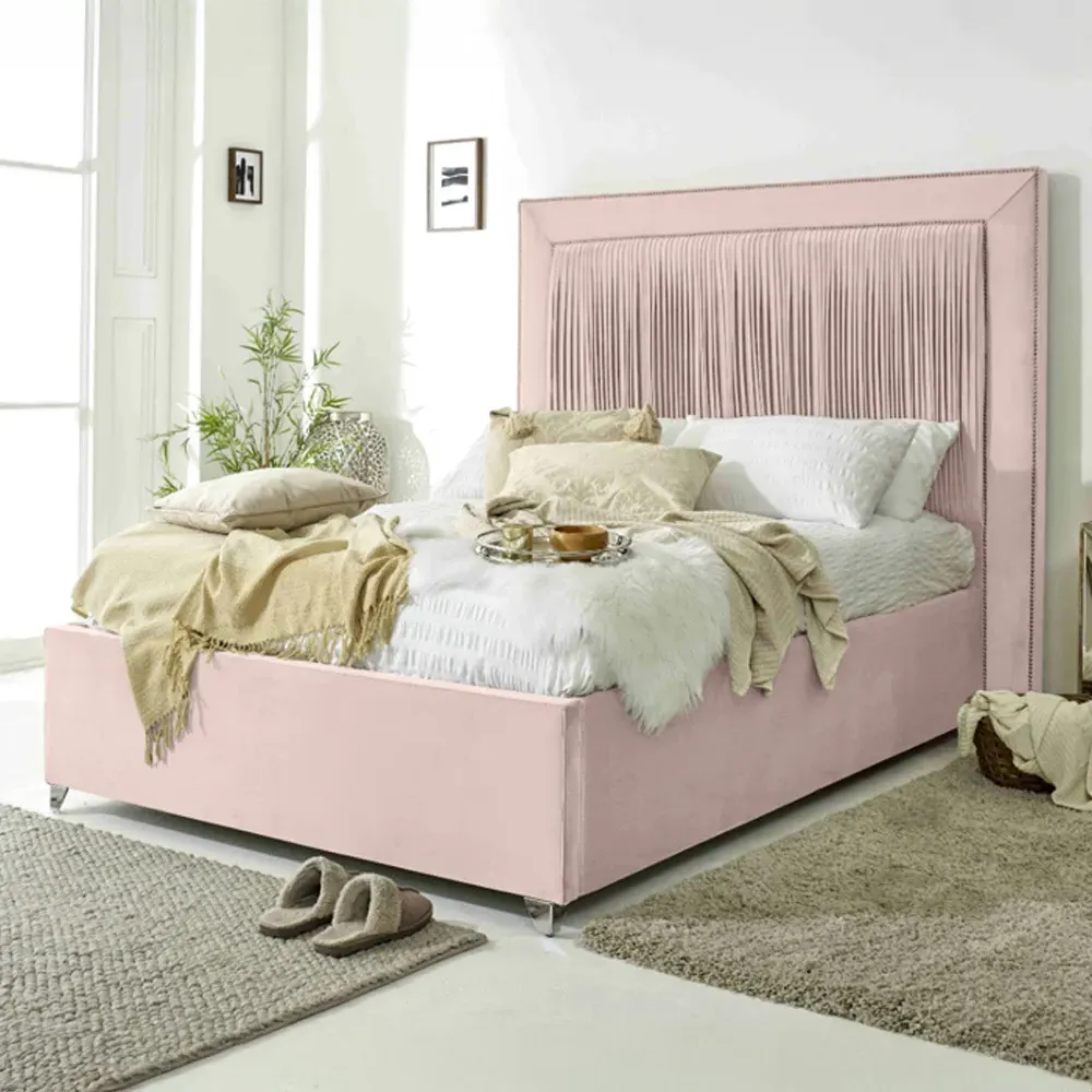 Alexandra Small Double Bed Frame with Pleated Headboard - Pink, Velvet