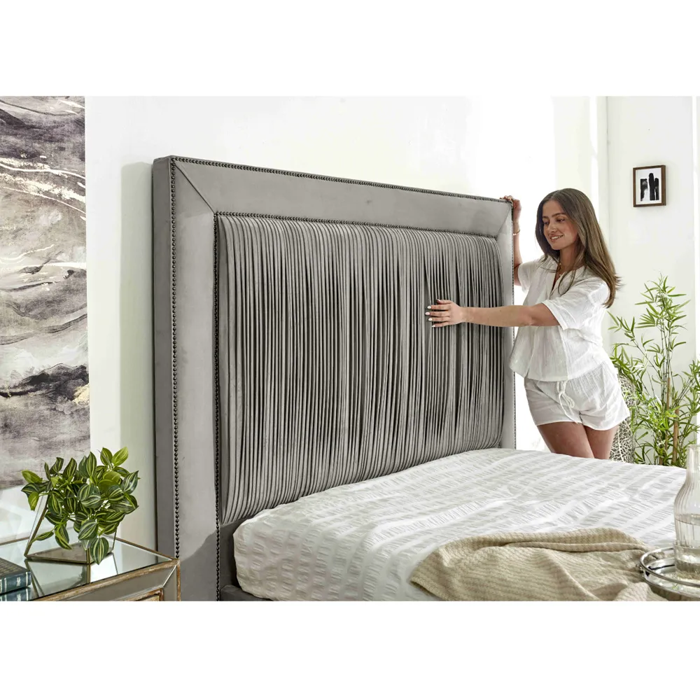Alexandra Small Double Bed Frame with Pleated Headboard - Silver, Velvet