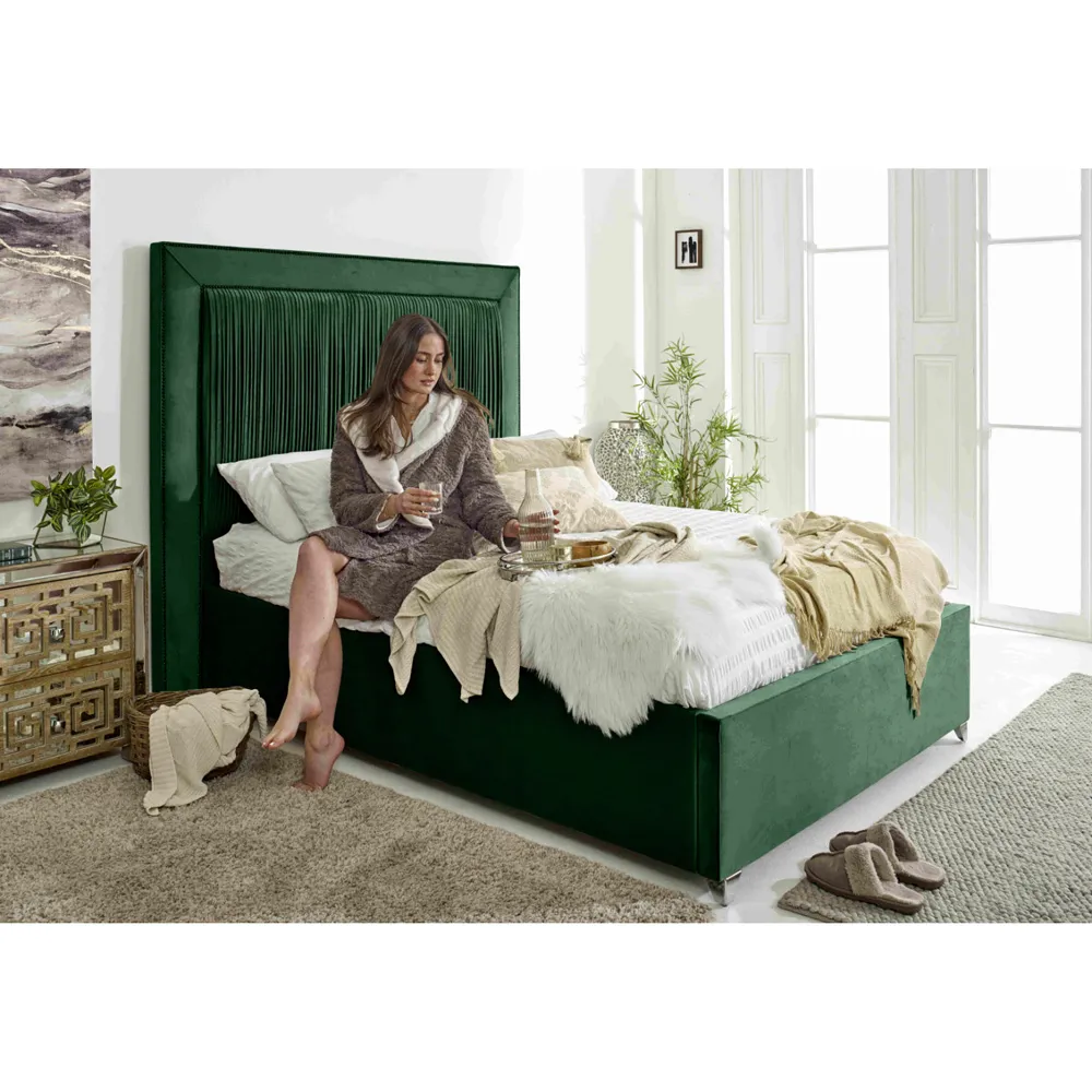 Alexandra Super King Size Bed Frame with Pleated Headboard - Green, Velvet