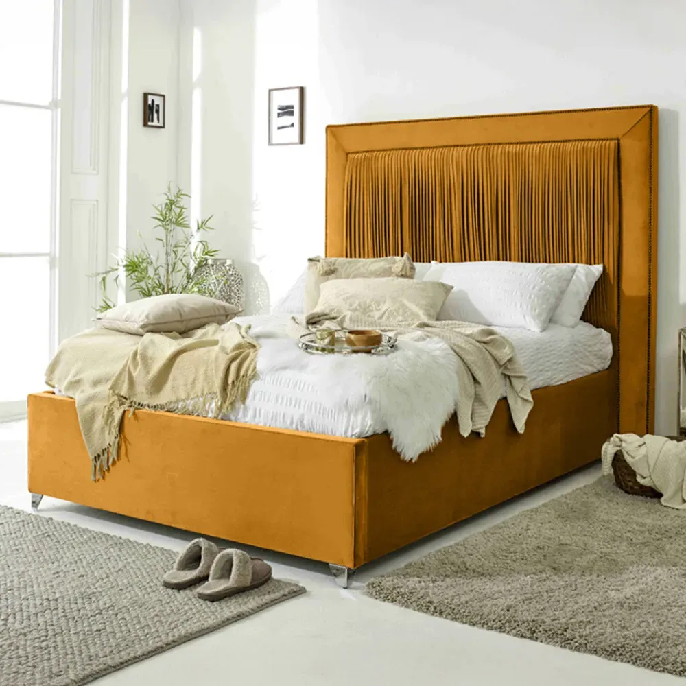 Alexandra Super King Size Bed Frame with Pleated Headboard - Mustard, Velvet