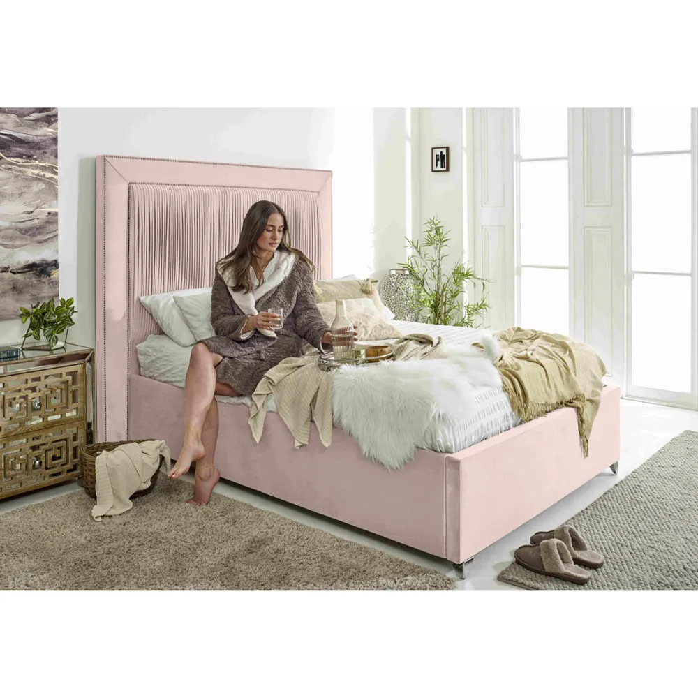 Alexandra Super King Size Bed Frame with Pleated Headboard - Pink, Velvet