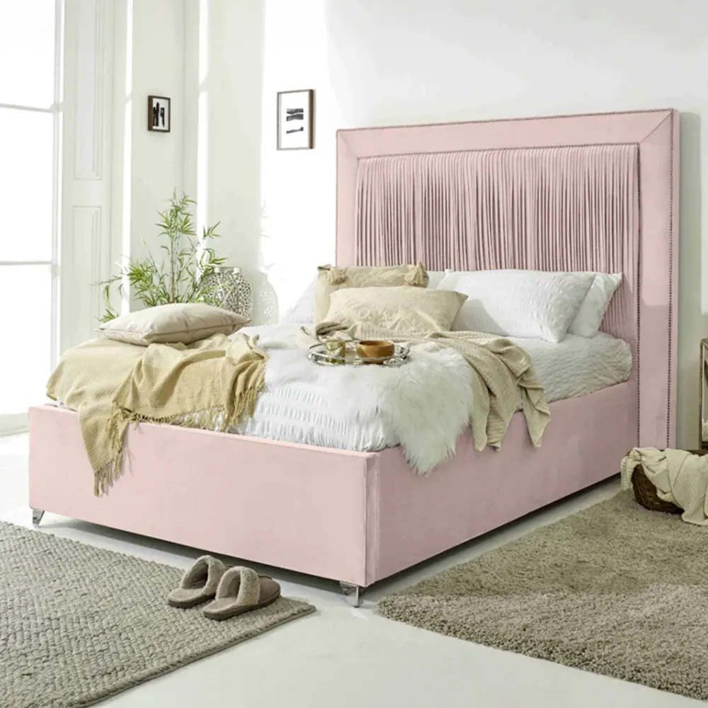Alexandra Super King Size Bed Frame with Pleated Headboard - Pink, Velvet