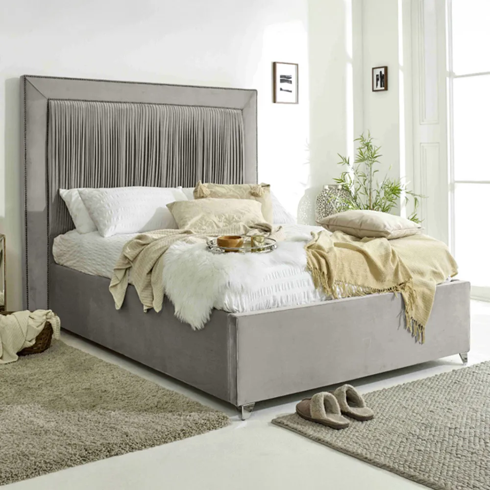Alexandra Super King Size Bed Frame with Pleated Headboard - Silver, Velvet
