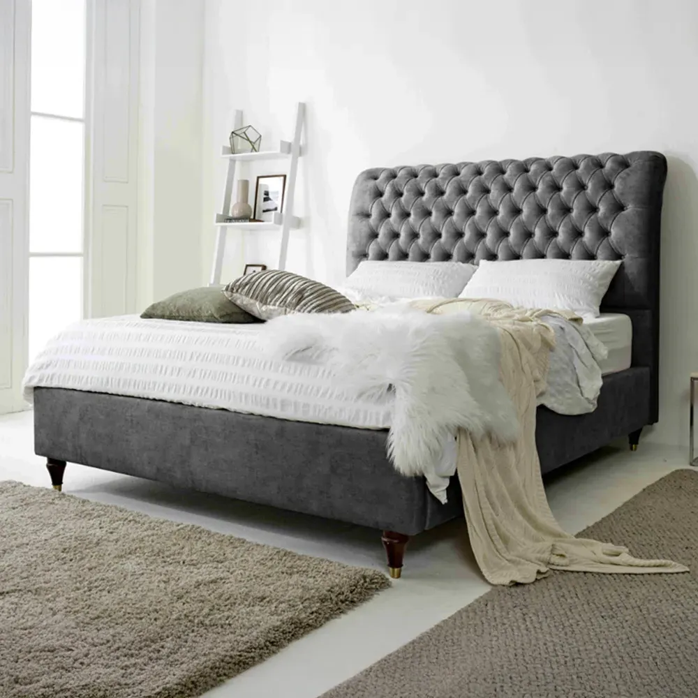 Alisyn Double Bed Frame with Sleigh Headboard - Grey, Fabric