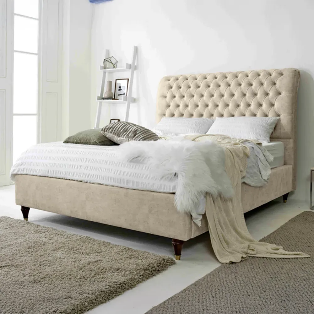 Alisyn King Size Bed Frame with Sleigh Headboard - Cream, Fabric