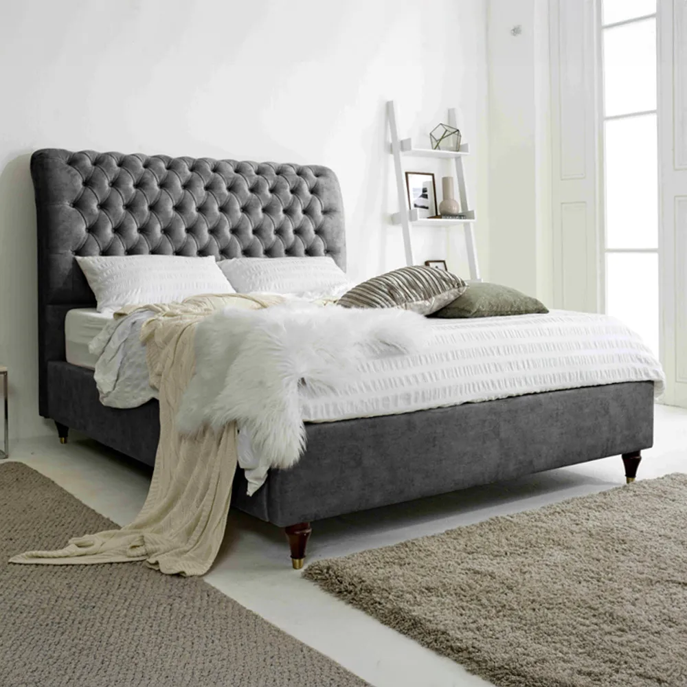 Alisyn King Size Bed Frame with Sleigh Headboard - Grey, Fabric