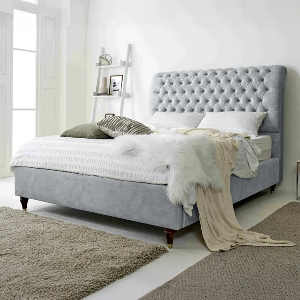 Alisyn King Size Bed Frame with Sleigh Headboard - Silver, Fabric