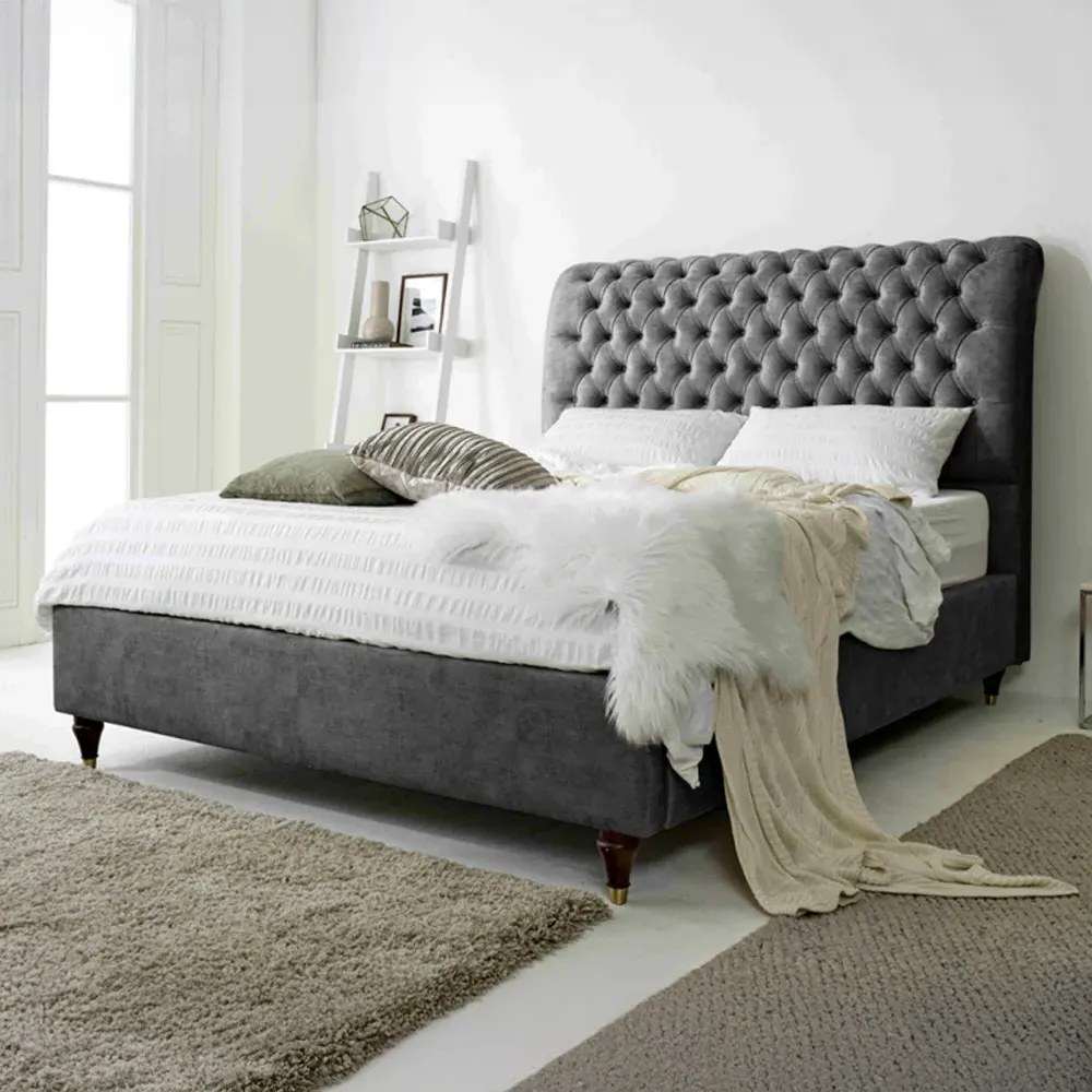 Alisyn Single Bed Frame with Sleigh Headboard - Grey, Fabric