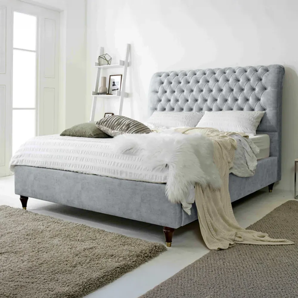 Alisyn Single Bed Frame with Sleigh Headboard - Silver, Fabric