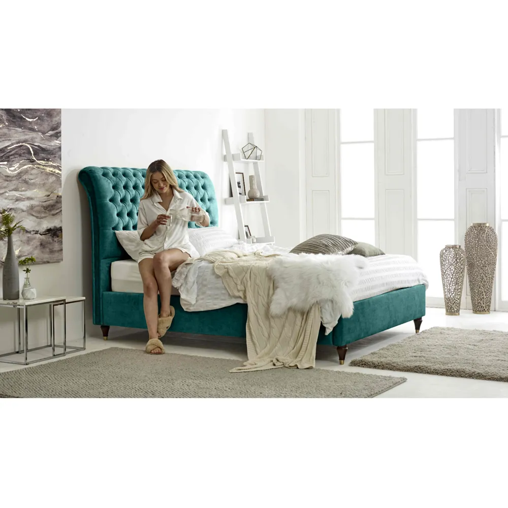 Alisyn Small Double Bed Frame with Sleigh Headboard - Blue, Fabric