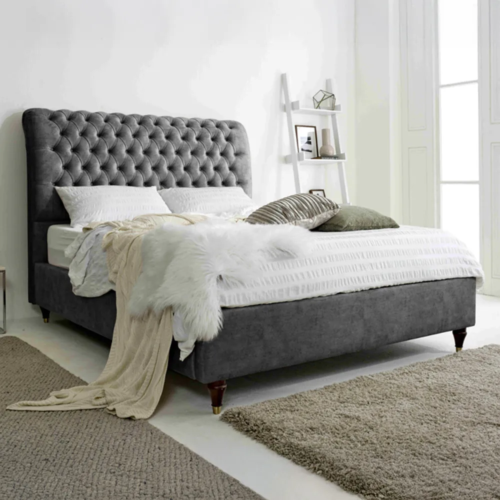 Alisyn Small Double Bed Frame with Sleigh Headboard - Grey, Fabric