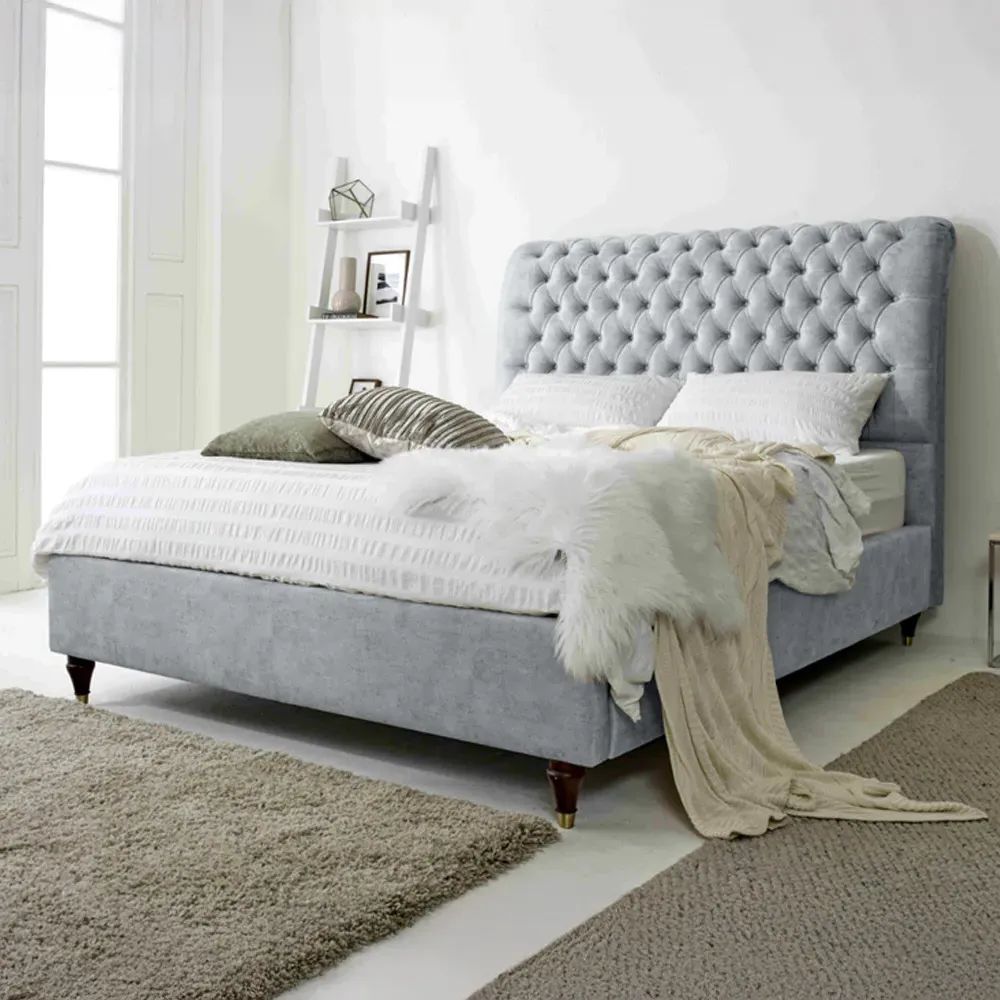 Alisyn Small Double Bed Frame with Sleigh Headboard - Silver, Fabric