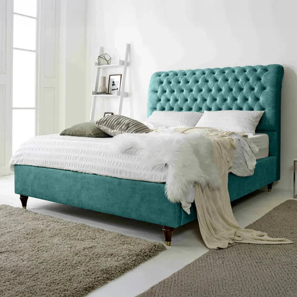 Alisyn Super King Bed Frame with Sleigh Headboard - Blue, Fabric