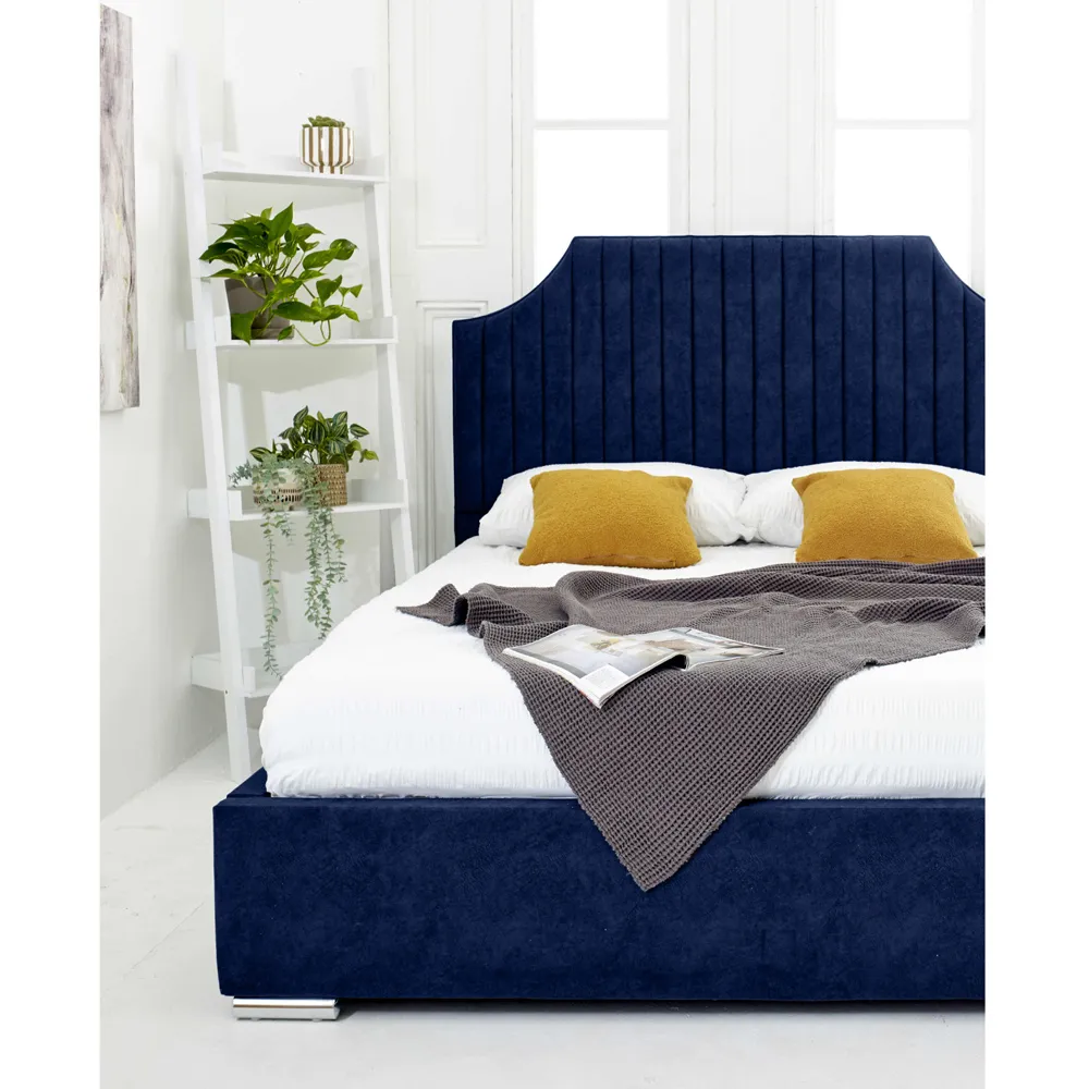 Ascend Double Bed Frame with Lined Headboard - Blue, Velvet