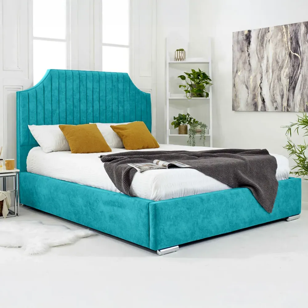 Ascend Double Bed Frame with Lined Headboard - Blue, Velvet