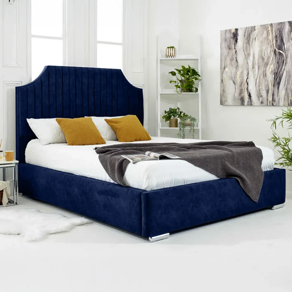 Ascend Double Bed Frame with Lined Headboard - Blue, Velvet