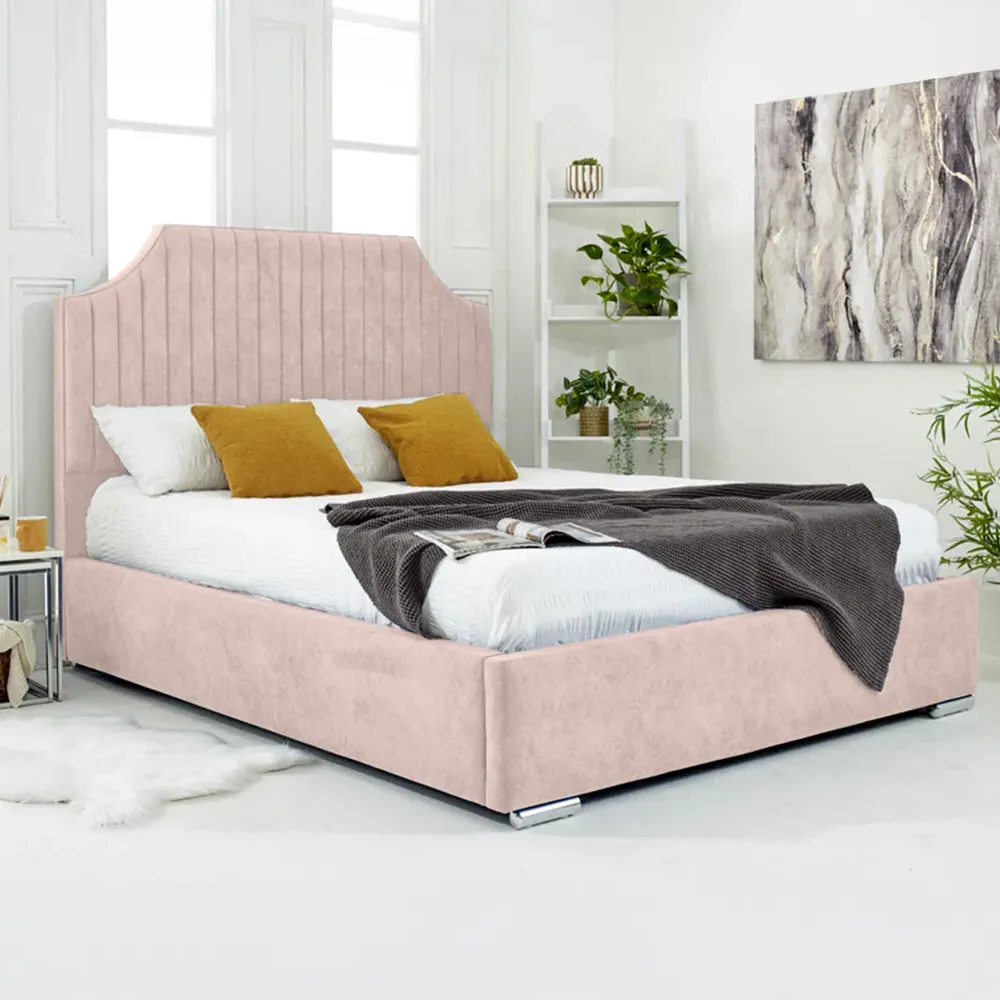 Ascend Double Bed Frame with Lined Headboard - Pink, Velvet