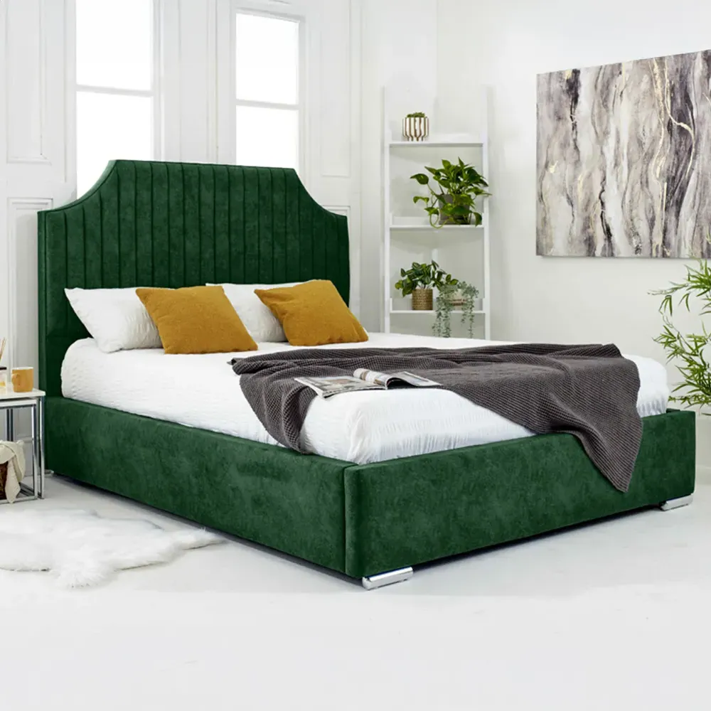 Ascend King Size Bed Frame with Lined Headboard - Green, Velvet